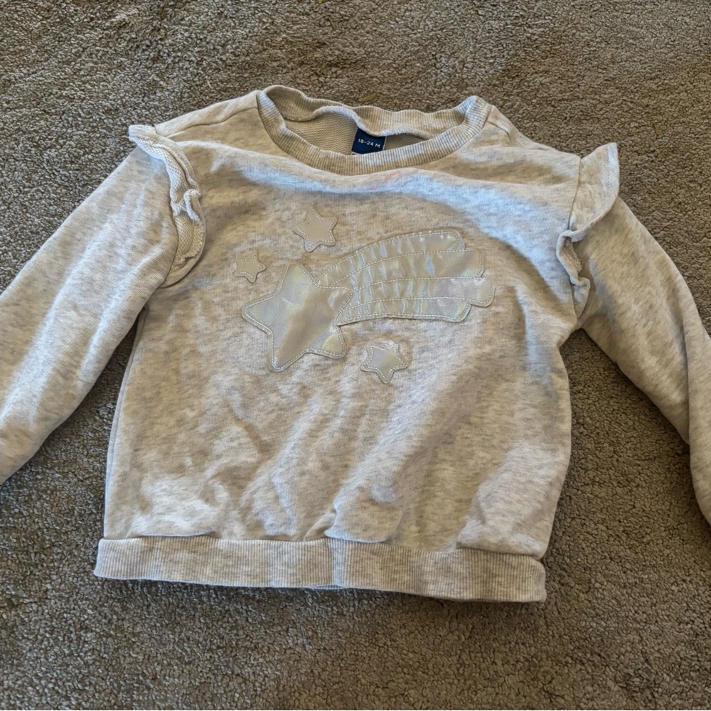 Old Navy Light Gray Ruffle-Shoulder Sweatshirt with Iridescent Star Appliqué